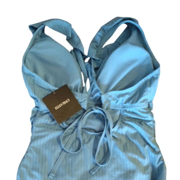 Ellen Tracy Laid Back Blue Ruffled Slimming One Piece Swimsuit Size 10 NWT - Picture 7 of 10